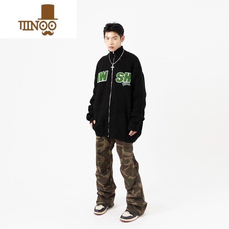 YANXU美式高街vibe做旧迷彩休闲牛仔裤男ins潮牌宽松直筒微喇工装长裤图片