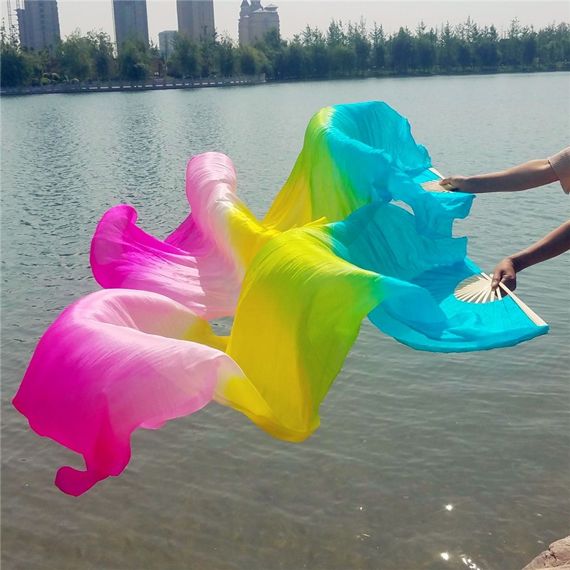 肚皮舞双扇彩色长绸扇加长舞蹈长扇子天蓝色湖蓝跳舞扇可定制 三维工匠 孔雀蓝渐变1.5米右手高清大图