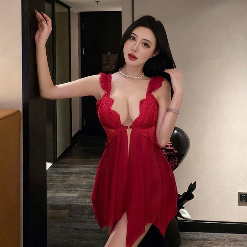 长夜漫漫情趣内衣性感网纱透视制服蕾丝诱惑睡衣含胸垫睡裙女2125 红色(含胸垫) 均码(80-130斤)