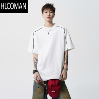 HLCOMAN条纹拼接白色T恤男夏季美式复古宽松插肩袖体恤潮牌百搭短袖上衣