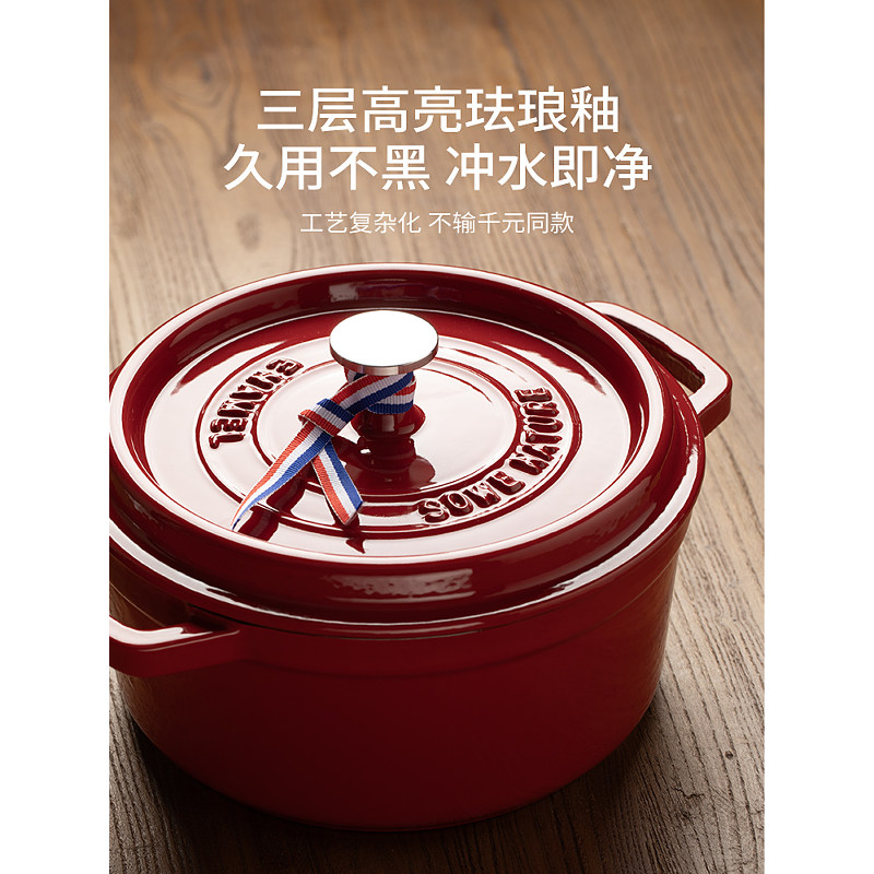 素味 珐琅锅炖锅铸铁家用炖盅汤盅砂锅陶瓷汤锅焖煮不粘搪瓷双耳锅 红色24cm