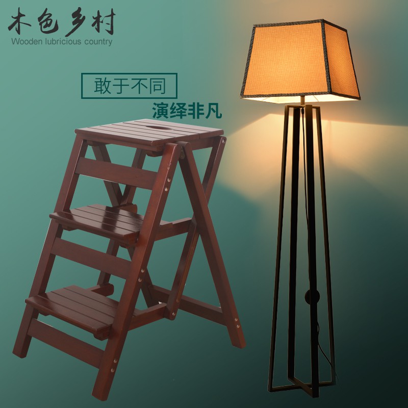 全实木两用梯椅欧式木梯椅子登高梯家用折叠梯子置物架实用梯凳蹬 三维工匠 三层台阶梯梯架原木色高清大图
