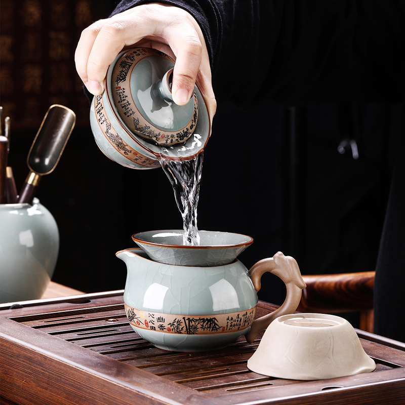 办公室客厅陶瓷泡茶器科技木实木压板茶盘茶台茶道全自动快速炉紫砂功夫茶具套装家用 醒龙哥窑14头配三龙开泰全自动快速炉