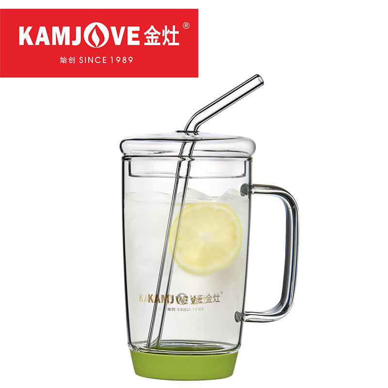 KAMJOVE/ 金灶 AC-100 吸管杯成人 玻璃茶杯 办公室茶具 全玻璃创意花茶杯 带盖玻璃水杯 泡茶杯500ML