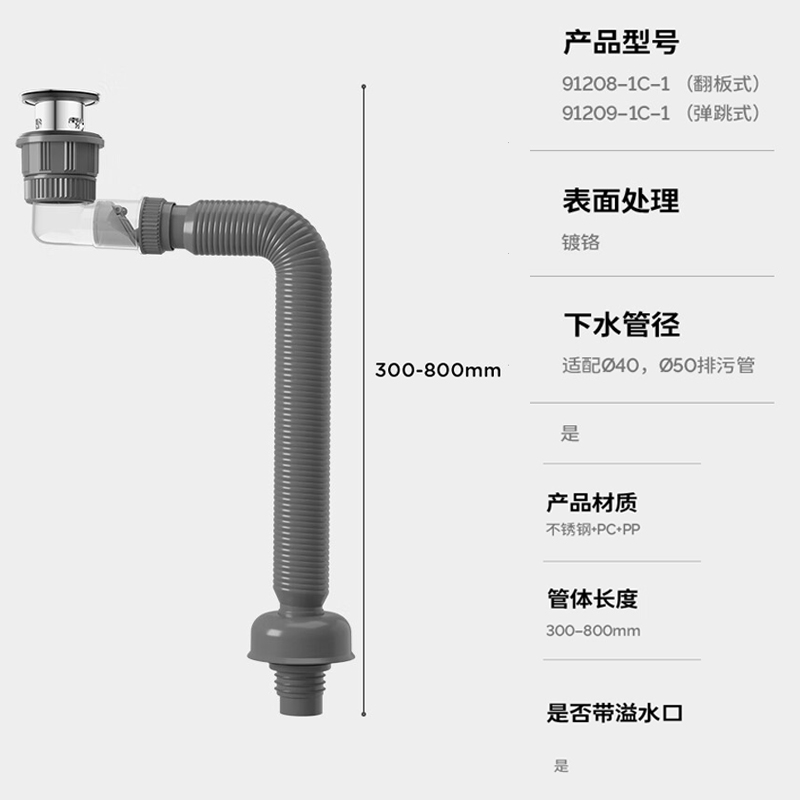 九牧(JOMOO)面盆下水器带溢水孔弹跳翻板地排墙排两用洗手盆下水器套装91208/91209高清大图