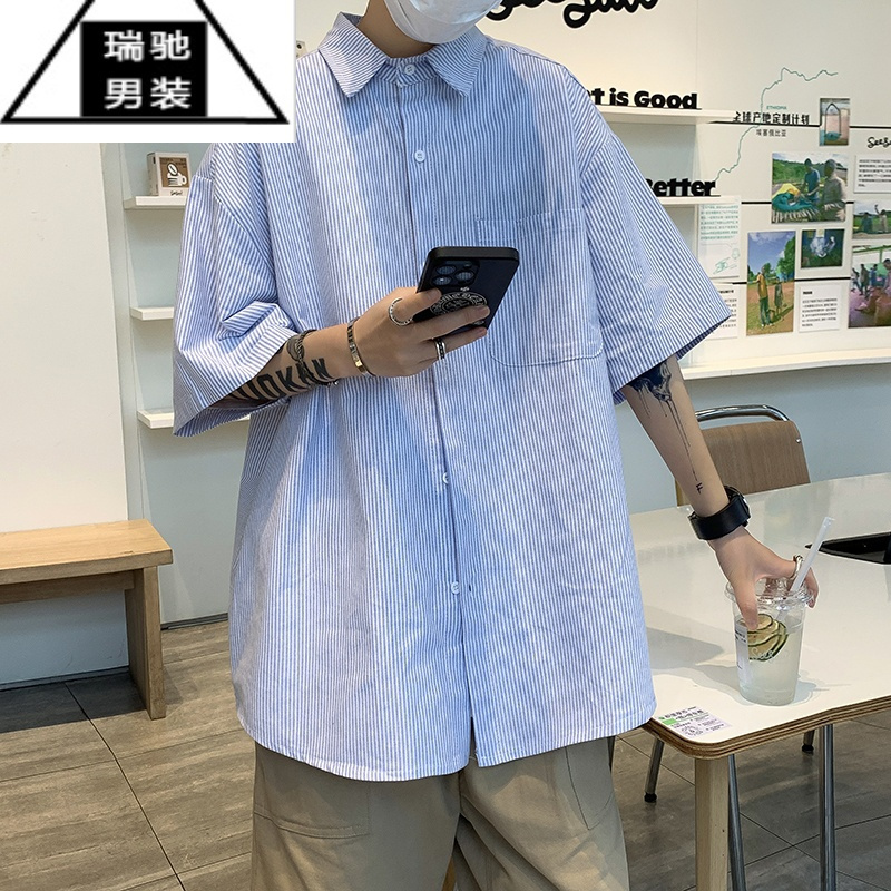 希杰狮王条纹短袖衬衫男2023年新款夏季日系潮牌宽松休闲男生工装衬衣外套