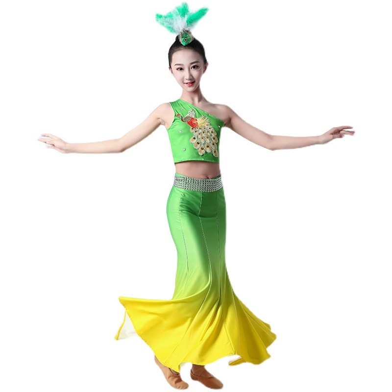 白色宝蓝160cm儿童傣族舞蹈服装弹力孔雀舞演出服女童包臀鱼尾裙少儿