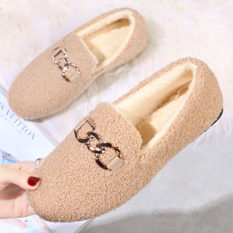 新款豆豆鞋女冬季加绒防滑平底家居棉鞋女学生韩版百搭保暖毛毛鞋浅卡