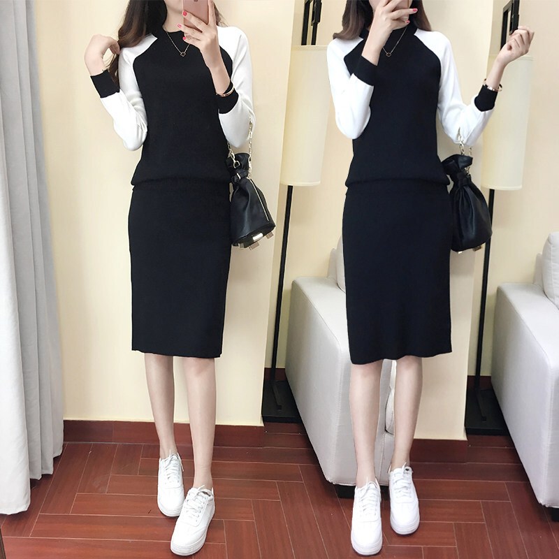 韩版女装春秋季2018时尚潮长袖两件套针织毛衣套装包臀连衣裙