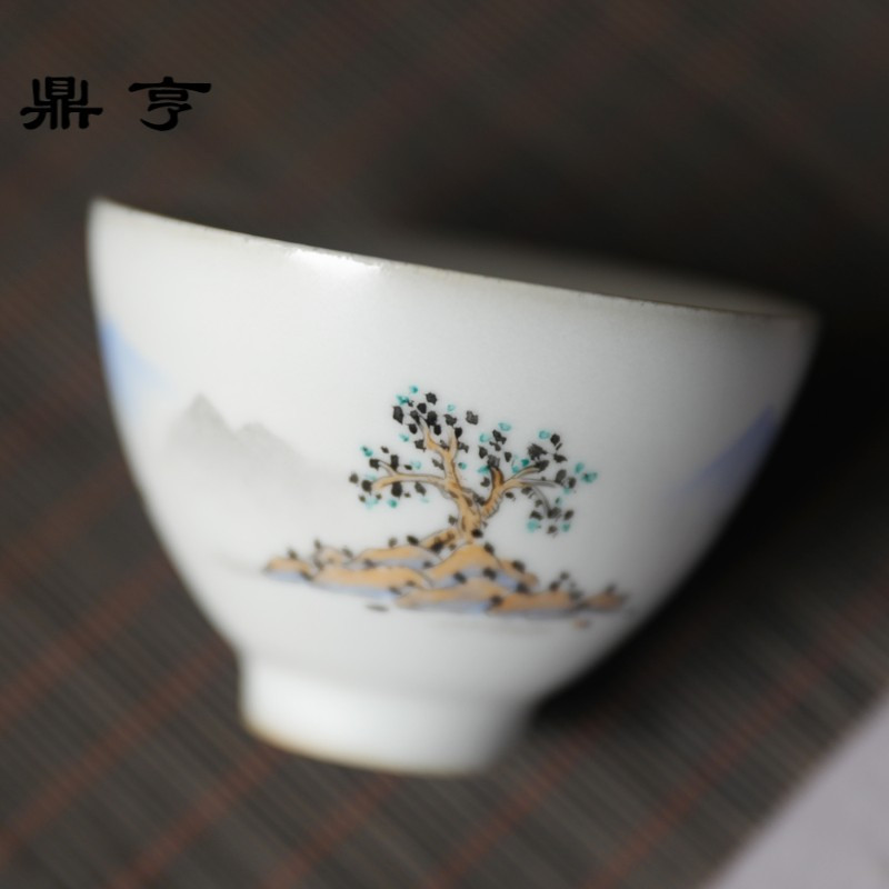 鼎亨春泥手绘山粗陶景德镇陶瓷主人杯品茗杯泡茶杯开片功夫高脚