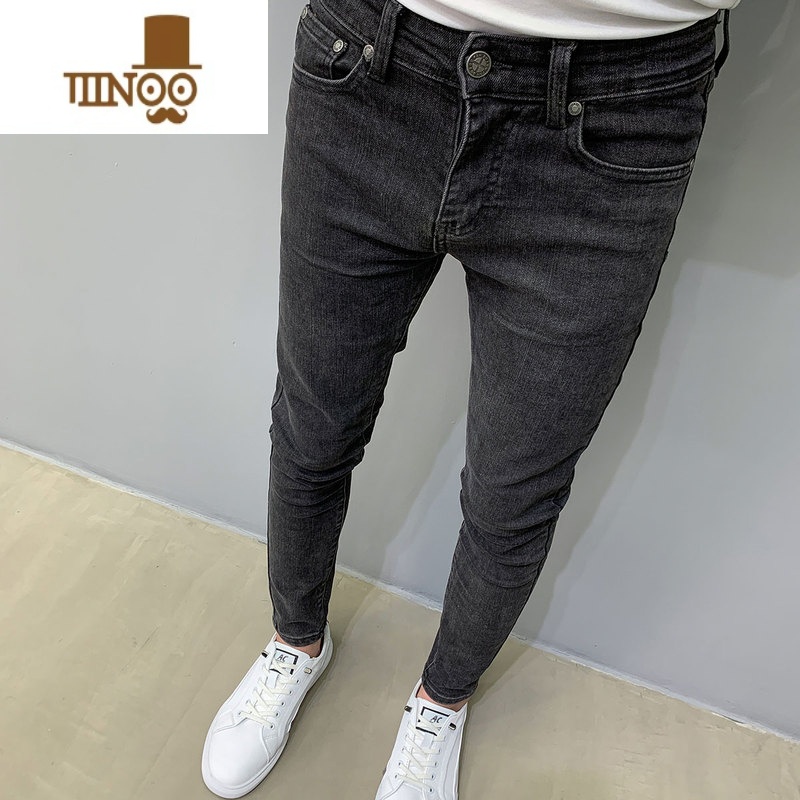YANXU弹力九分牛仔裤男2023薄款潮流韩版百搭纯色修身小脚分紧裤0高清大图