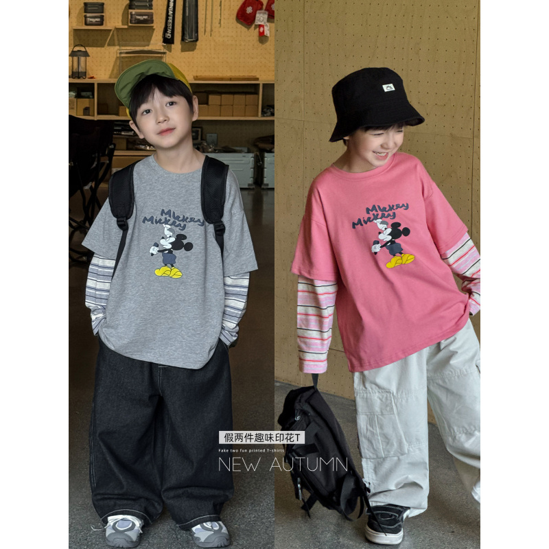 童酷男童秋款湖州织里童装时尚条纹假两件米奇印花儿童T恤潮