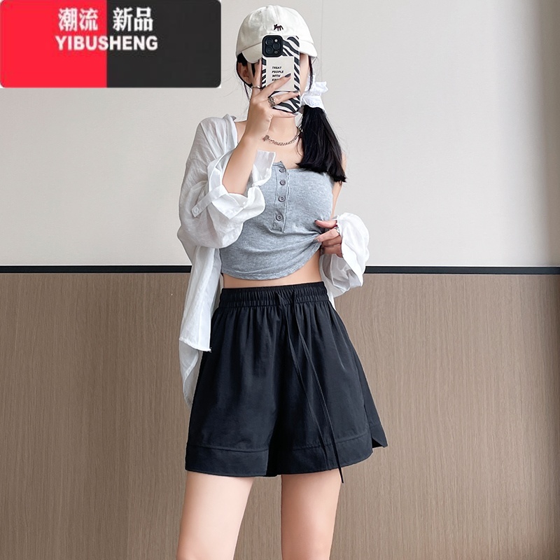 YIBUSHENG冰丝山本短裤女季薄款2024新款高腰休闲阔腿中裤外穿运动五分裤 黑色 XL适合130-145斤