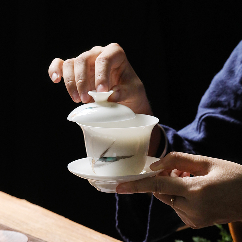 領藝 德化白瓷盖碗茶杯功夫茶具家用现代简约陶瓷泡茶器 青竹轩