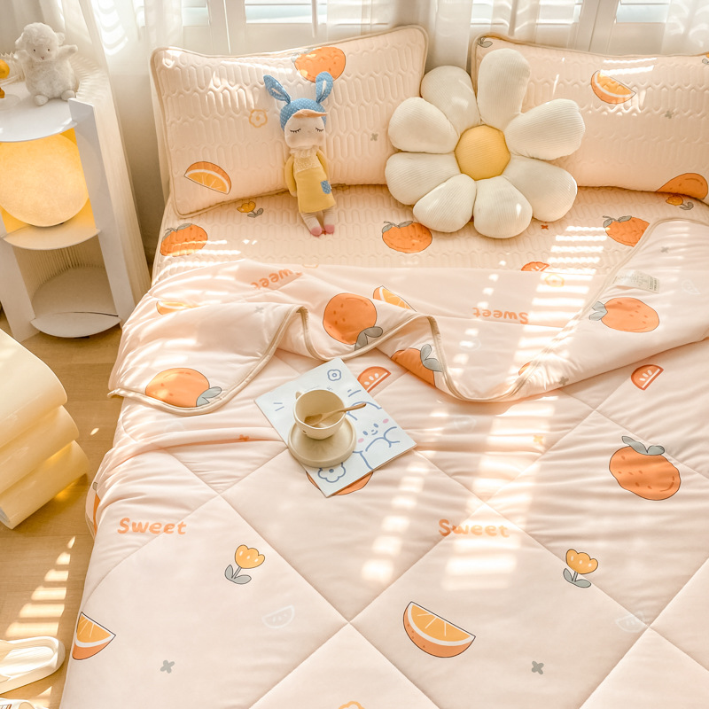乳胶凉席床笠款夏被四件套乳胶席三件套夏凉被空调被冰丝 床笠款-小橘子 乳胶席200*220cm+枕套2只