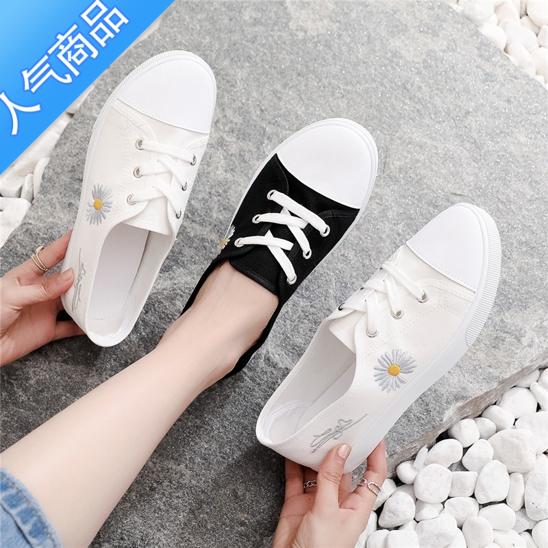 SUNTEK一脚蹬帆布鞋子女2023春季新款小雏菊老北京板鞋学生护士小白鞋女高清大图