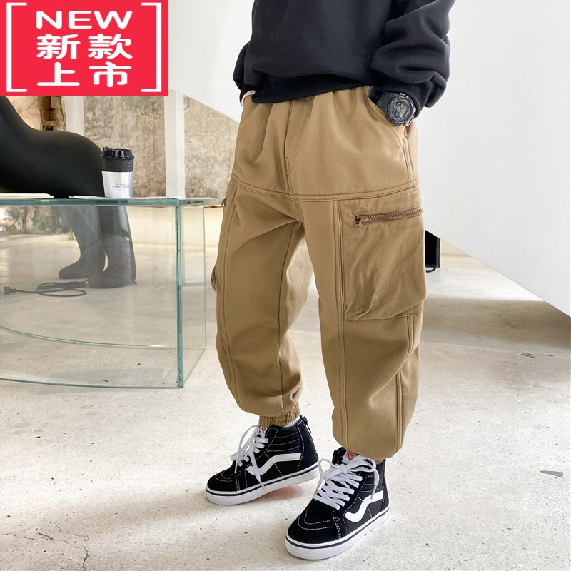 可莉允2022新款冬装长裤男童工装裤童装大童保暖裤子儿童加绒加厚休闲裤