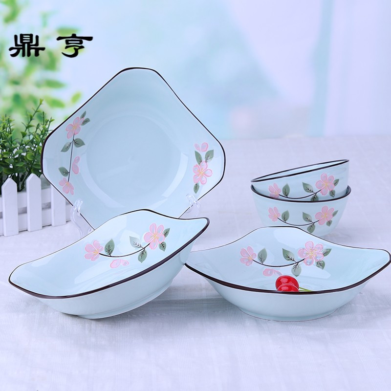鼎亨陶瓷盘子菜盘家用景德镇方盘深盘菜盘水果盘可微波西餐餐具组