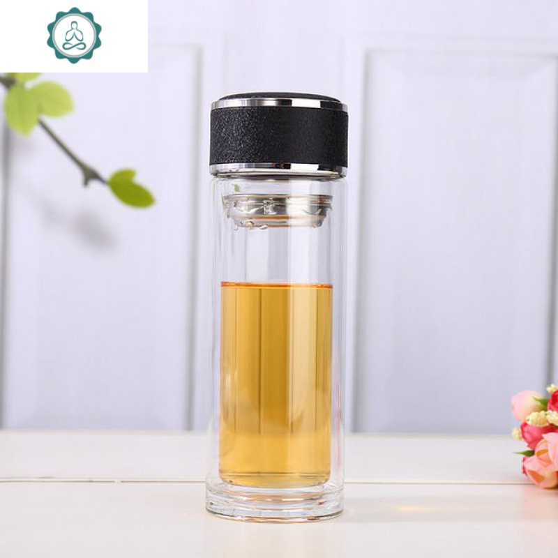 玻璃茶杯防摔车用保温杯男士真空保温车载玻璃双层真空封后黑色皮纹盖