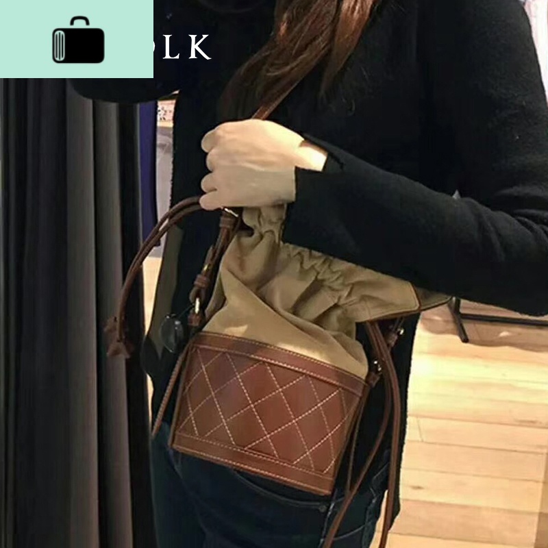 单肩包2020新款斜挎包韩版绒布拼皮菱格抽绳托特包多功能水桶包女NEWLAKE 咖啡色