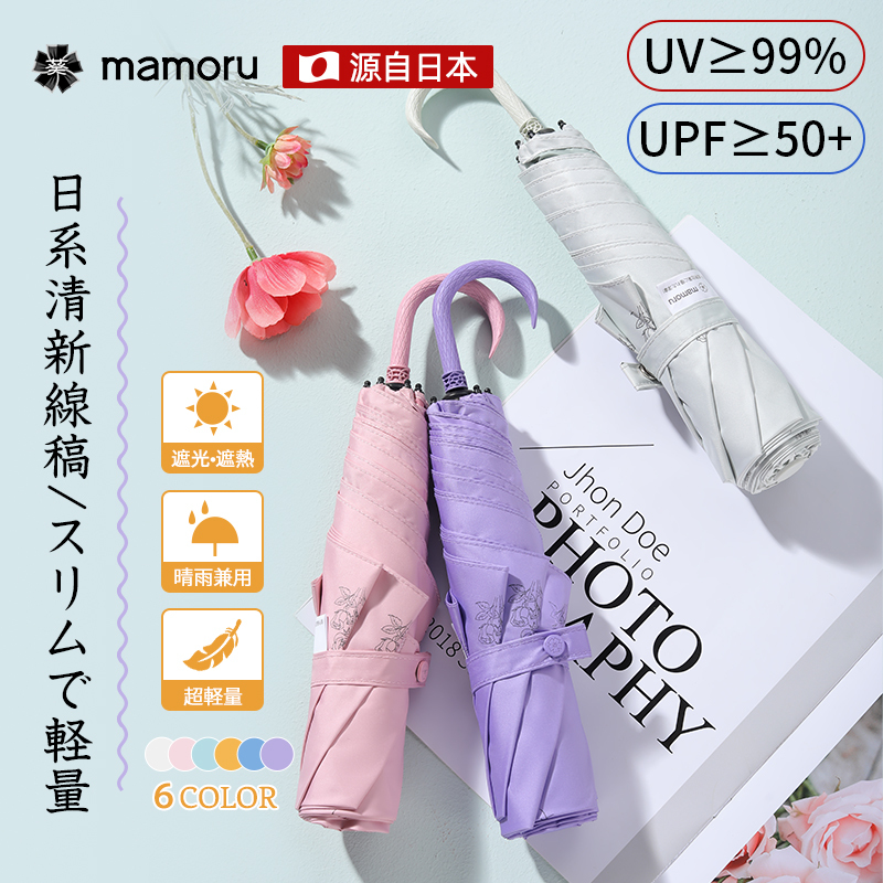 Mamoru小弯钩手绘线稿伞(三折碳纤伞骨)(颜色随机发货)防晒伞防紫外线迷你小伞遮阳伞高颜值太阳伞晴雨两用女生!高清大图
