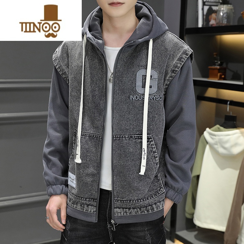 YANXU2023年新款薄款外套男连帽假卫衣牛仔夹克帅气男装褂子潮高清大图