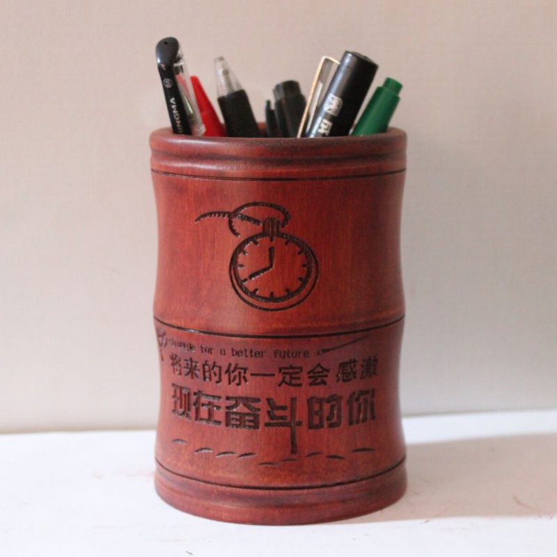 竹制中国风圆形毛笔筒木制定制学生复古创意时尚多功能办公刻笔桶 三维工匠 浅酒红色雕刻[奋斗的你]高清大图
