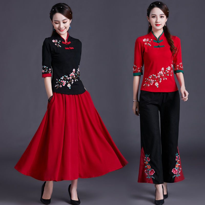 民族风上衣新款复古中国风绣花七分袖立领盘扣上衣拼接中袖t恤女