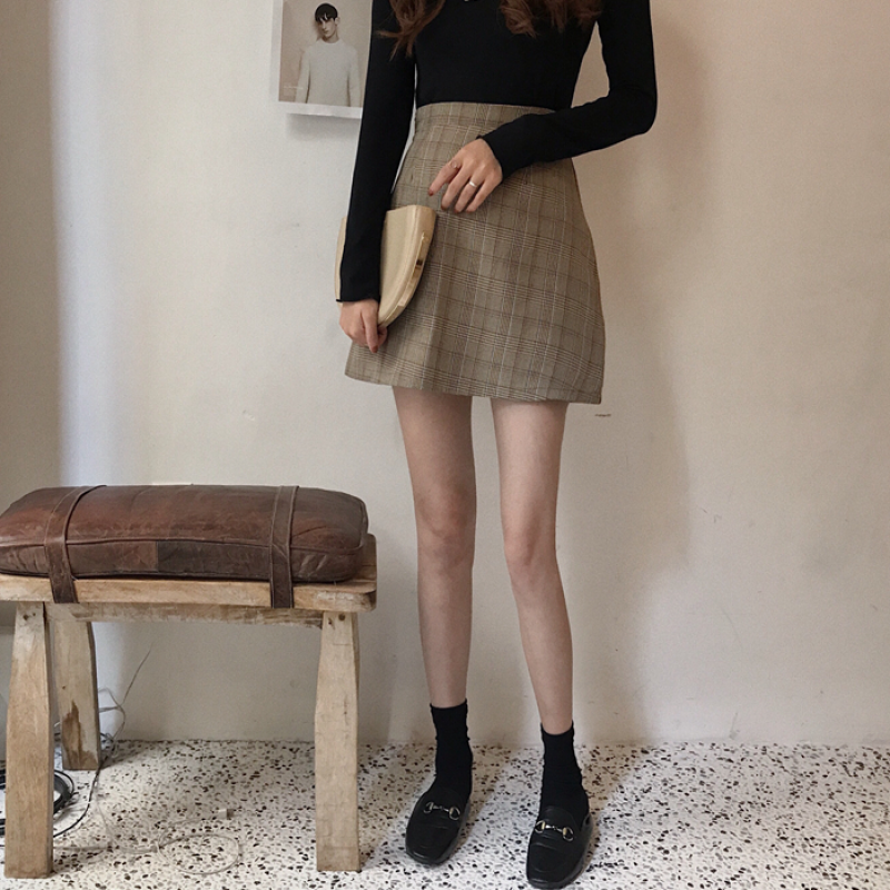 春季女装韩版复古格纹高腰半身裙格子短裙百搭显瘦A字裙学生裙子格子