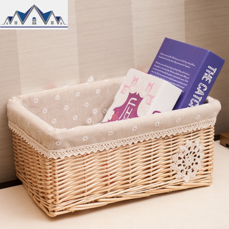 柳编藤编收纳筐收纳篮方形储物筐收纳盒盖展示筐桌面杂物盒田园 三维工匠 原色麻布中号