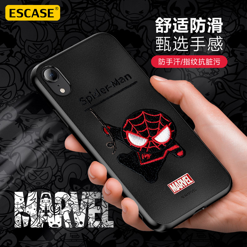 ESCASE 苹果xr手机壳iPhonexr保护套卡通动漫硅胶软边全包防摔布艺刺绣工艺漫威正版黑色蜘蛛侠