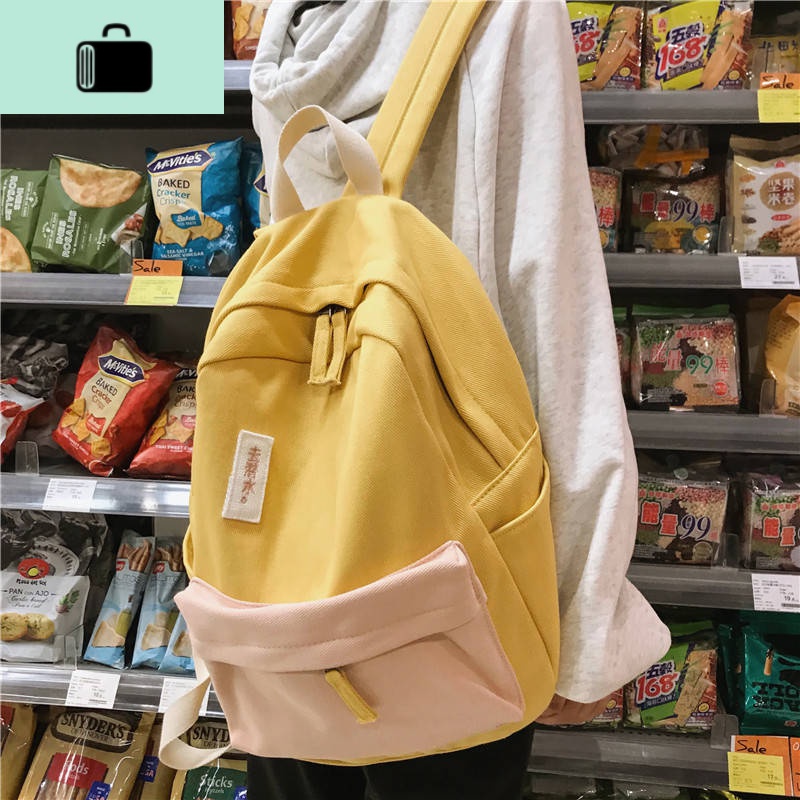 书包女韩版撞色简约ins双肩包女古着感少女大中学生帆布背包耐用NEW LAKE高清大图