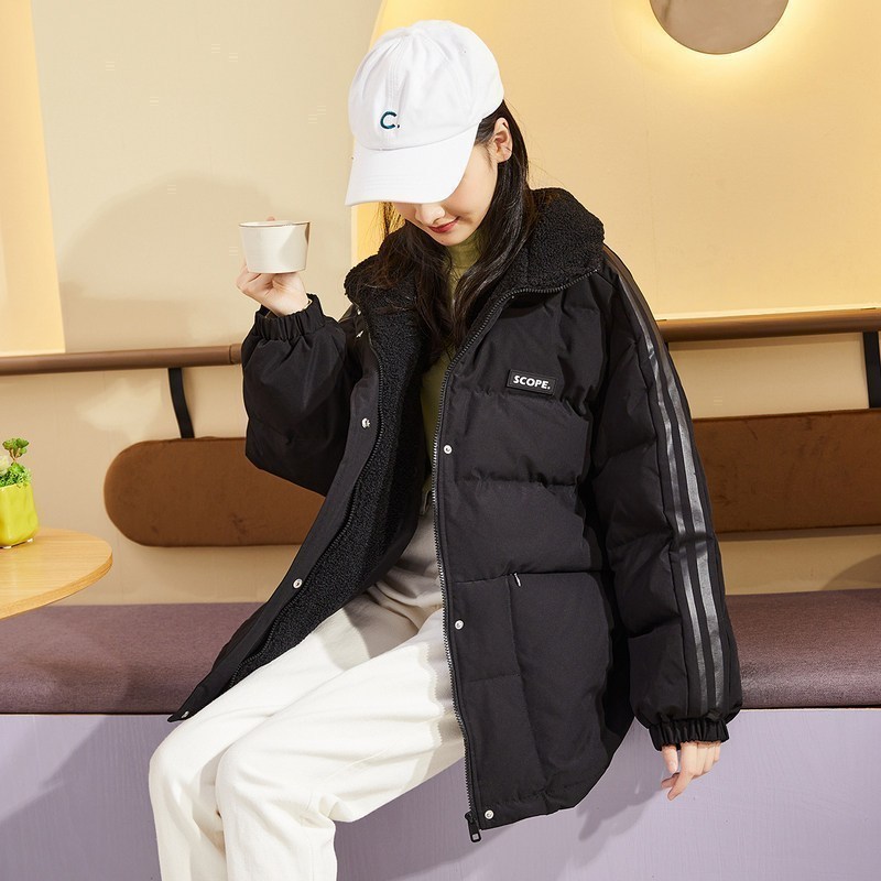 唐狮01冬季新款黑色羽绒服女韩版短款立领拼接仿羔毛外套时尚潮 L 黑色-全码预售10/25发货