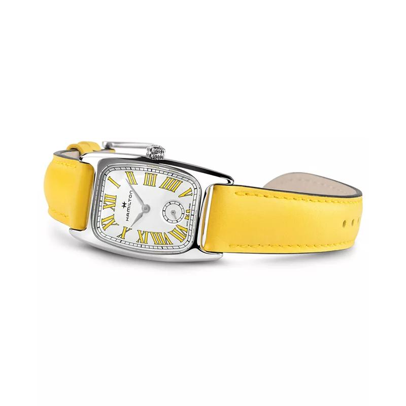 汉米尔顿(Hamilton)女士石英表矩形不锈钢表壳黄牛皮表带白盘女款经典时尚防水高清大图