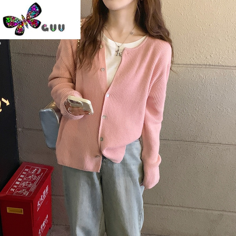 语娄粉色针织衫薄款秋季2023新款女装毛衣开衫外搭高级感宽松长袖上衣