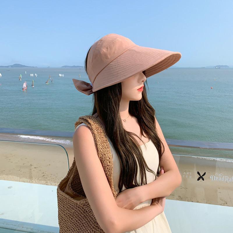 防晒帽女遮脸防紫外线大帽檐可扎马尾帽子夏季棉布遮阳空顶太阳帽玫红