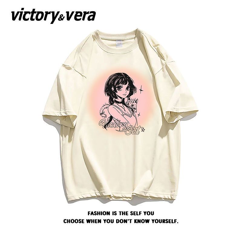 VICTORYVERA动漫高街风印花短袖t恤女100%纯棉夏季慵懒风半袖上衣