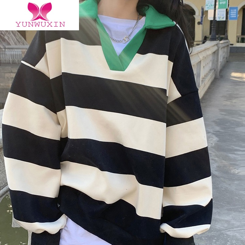 YUNWUXINulzzang减龄大条纹加绒卫衣女大码宽松hiphop高街外套嘻哈潮ins酷