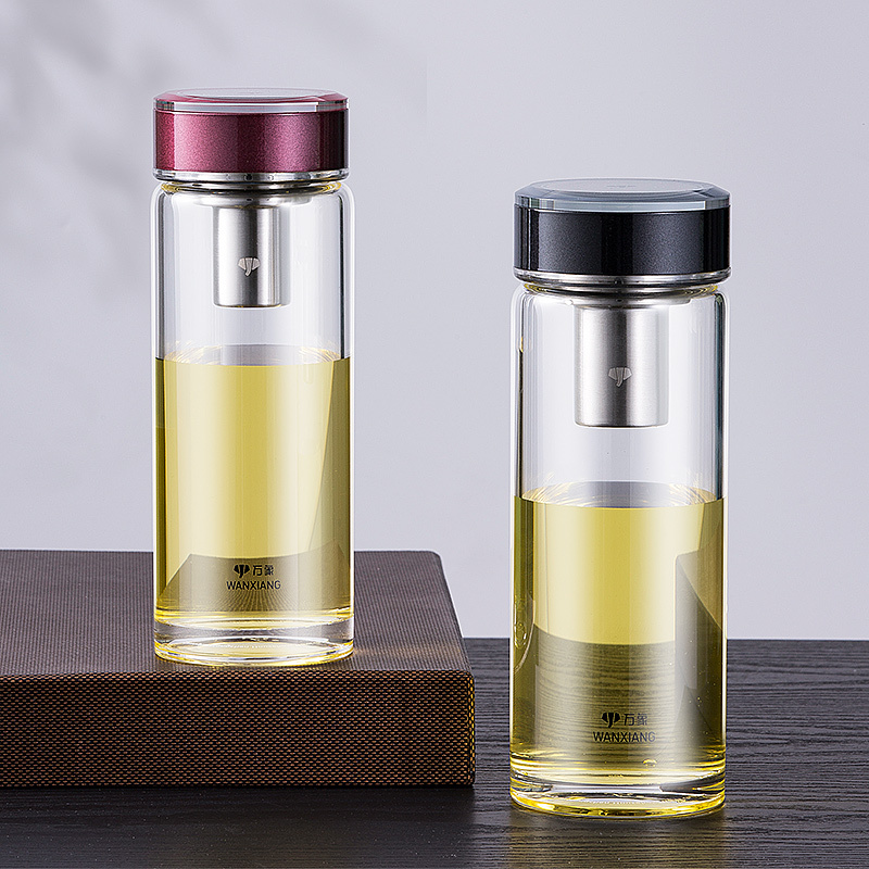 万象单层玻璃杯加厚便携杯男大容量带滤网办公室商务透明水晶水杯