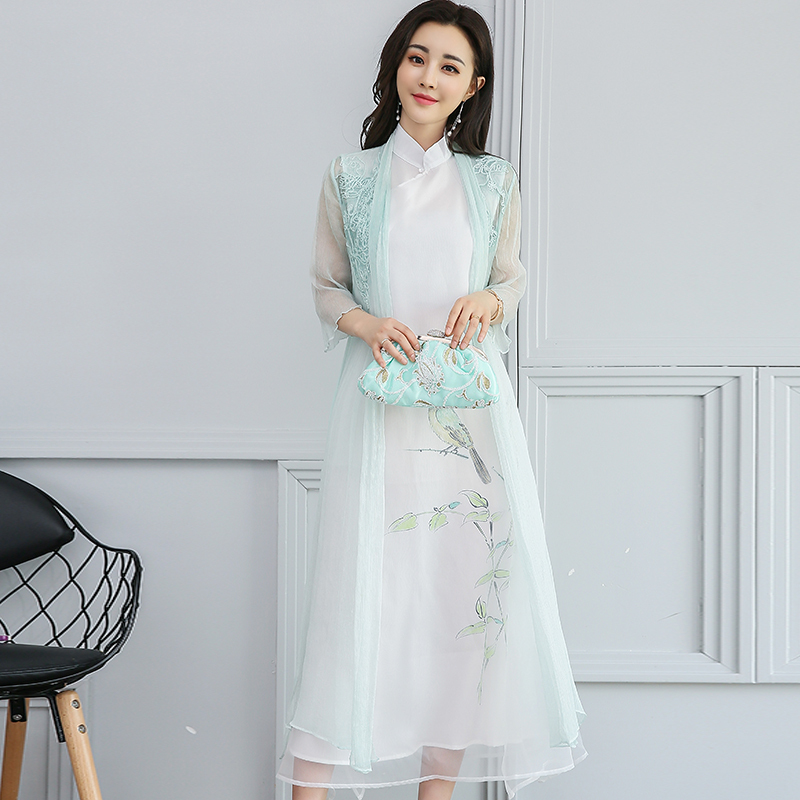 中国风女装复古连衣裙女士春夏新品文艺改良旗袍长裙禅意茶服套装