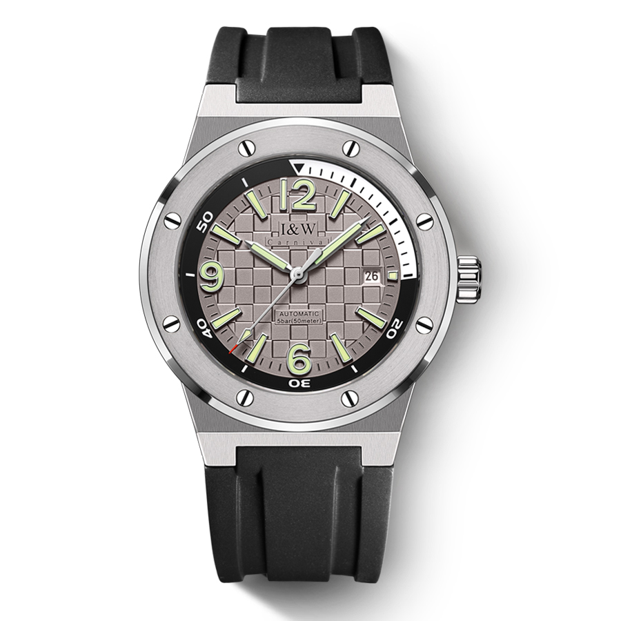 【大黄蜂】瑞士I&W CARNIVAL品牌手表全自动机械表男表新品防水橡胶带亮色时尚轻奢表小众设计个性腕表618G 灰面黑带