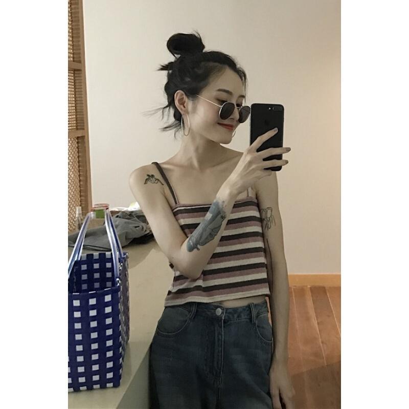 小清新港味复古撞色条纹短款小带背心女蓝色均码