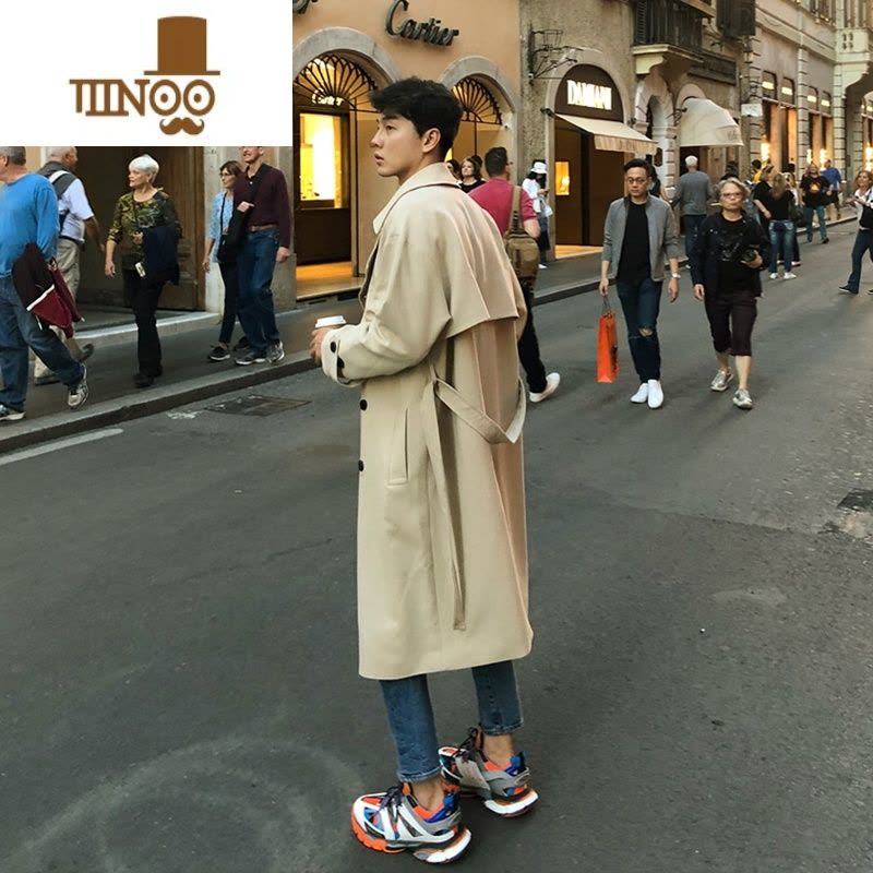 YANXU风衣男中长款韩版潮流英伦风男士感卡其色过膝款大衣外套图片