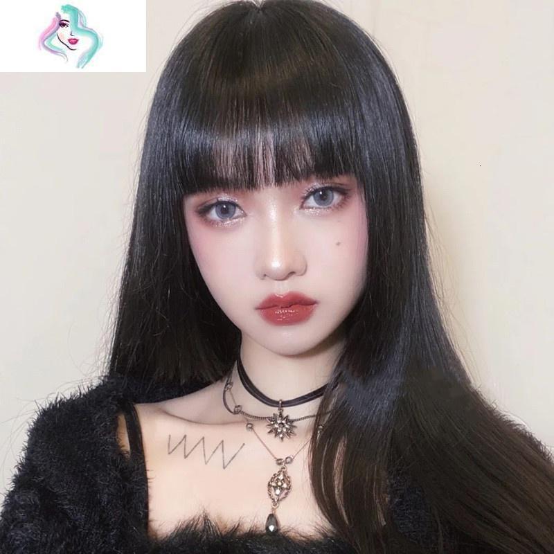 假发女长直发漫画厚款刘海逼真自然全头套式lolita齐刘海黑色长发你