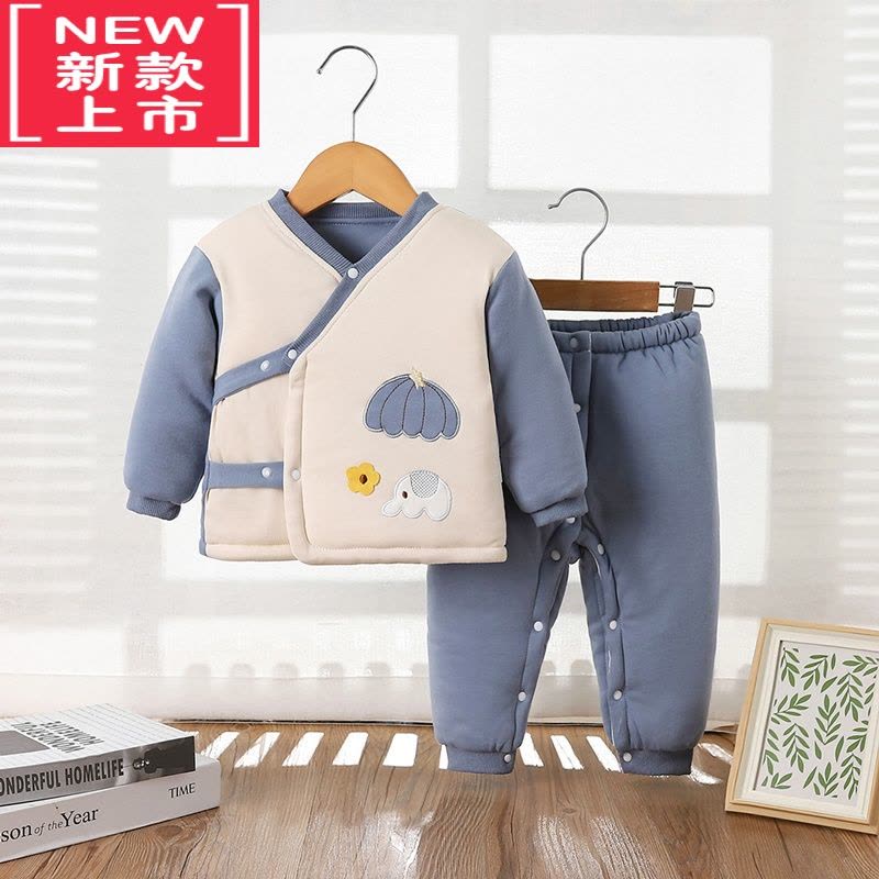可莉允冬季新生儿婴儿棉衣套装宝宝秋冬装棉服两件套棉裤按扣可开裆图片