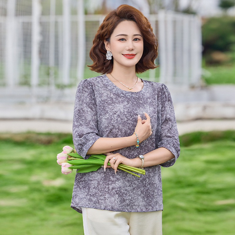 纤孜雅 夏季新款中老年妈妈装七分袖打底衫圆领宽松休闲减龄小衫透气上衣 灰色 XXL