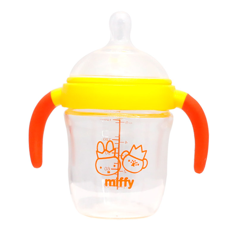 米菲(Miffy)广口径玻璃奶瓶240ml(橙色)带手柄耐高温