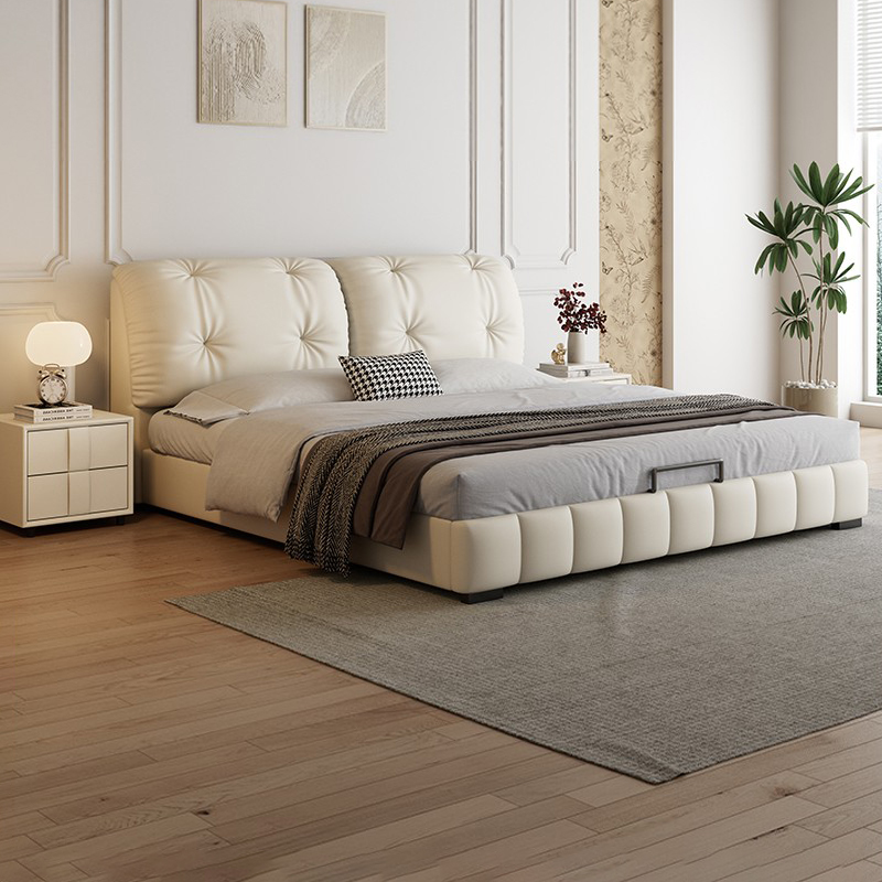 轻奢奶油风真皮床现代简约主卧室双人床轻奢高端大气软包储物婚床高清大图