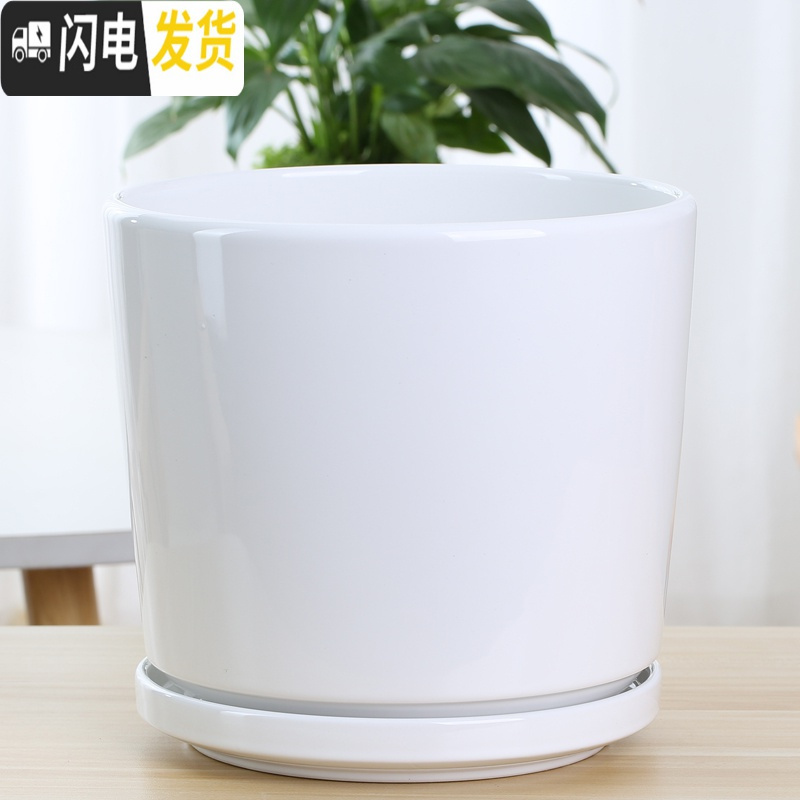 三维工匠花盆陶瓷北欧简约创意大号带托盘黑白室内绿萝吊兰家用盆 93012灰(分离托盘) 大花盆容器