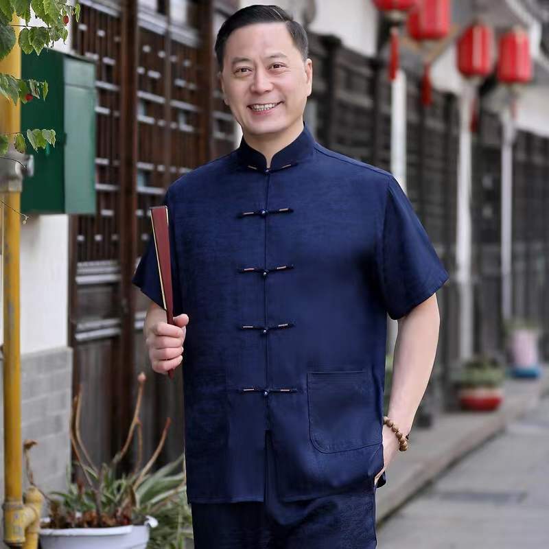 唐装男短袖套装夏季中老年男装爷爷中国风爸爸装老年人汉服衣服夏 莎丞